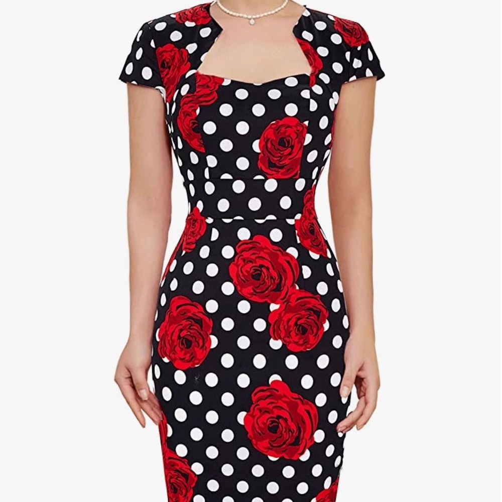 New. Red roses and black and white polka dots dress. Tea dress. Party dress.